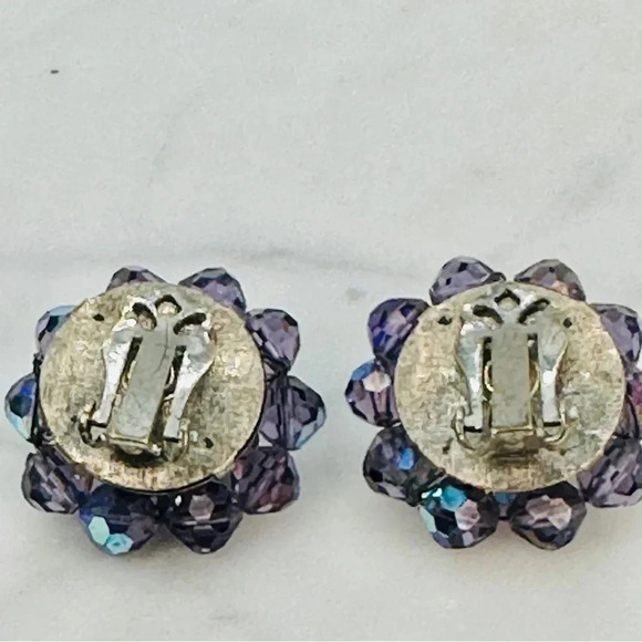 Vintage Purple Cluster Glass Bead Earrings Clip On Aurora Borealis Iridescent - Picture 3 of 9